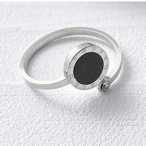 Stainless Steel Roman Numeral Black Shell Zircon Ring
